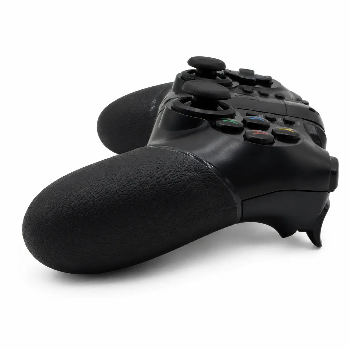 Wireless gamepad for android ios pc with clip showing black controller back view with textured grips
