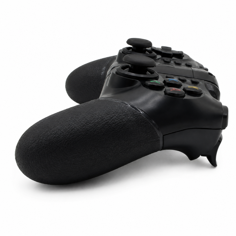 Black gaming controller on a white background