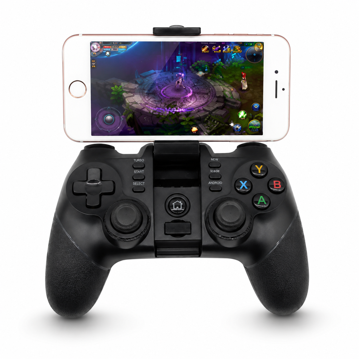 Black gaming controller with smartphone displaying a game on a white background