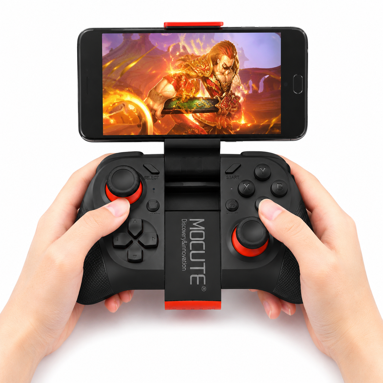 Hands holding a gaming controller with a smartphone displaying a game on a white background
