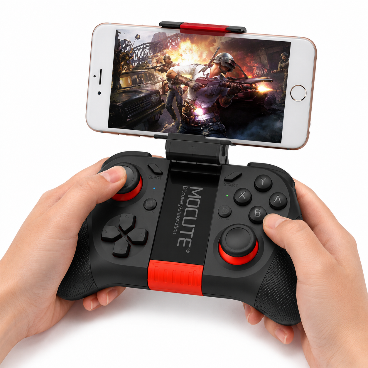 Gaming controller with smartphone holder displaying a game on a white background