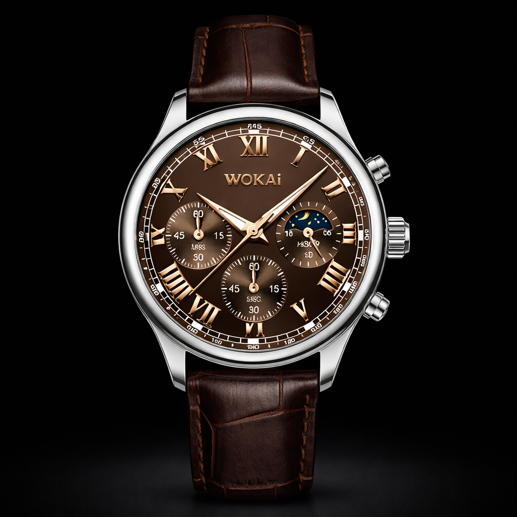 Wokai watch with brown leather strap and detailed face on a black background