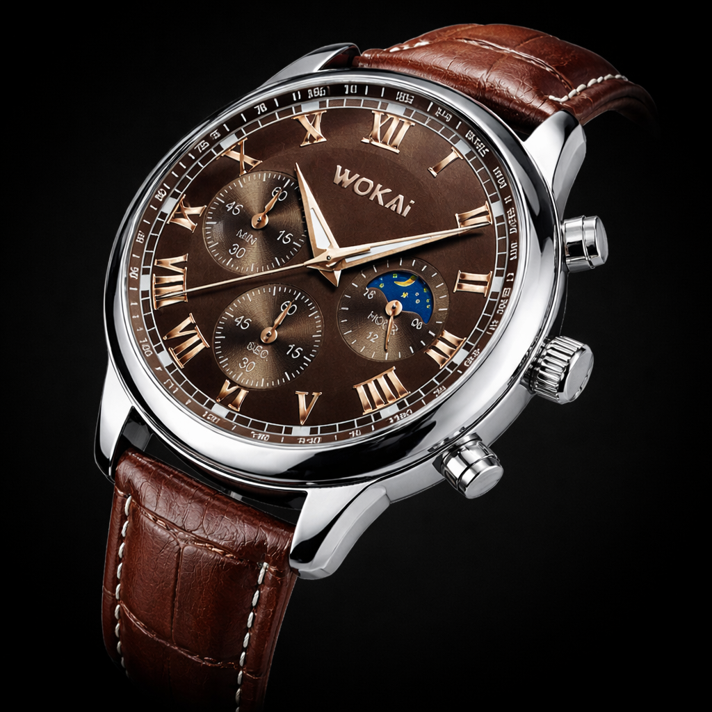 Wokai watch with brown leather strap and detailed face on a black background