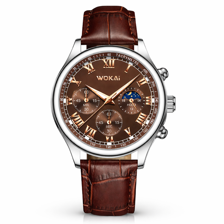 Wokai watch with brown leather strap and detailed face on a white background