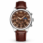 Wokai watch with brown leather strap and detailed face on a white background