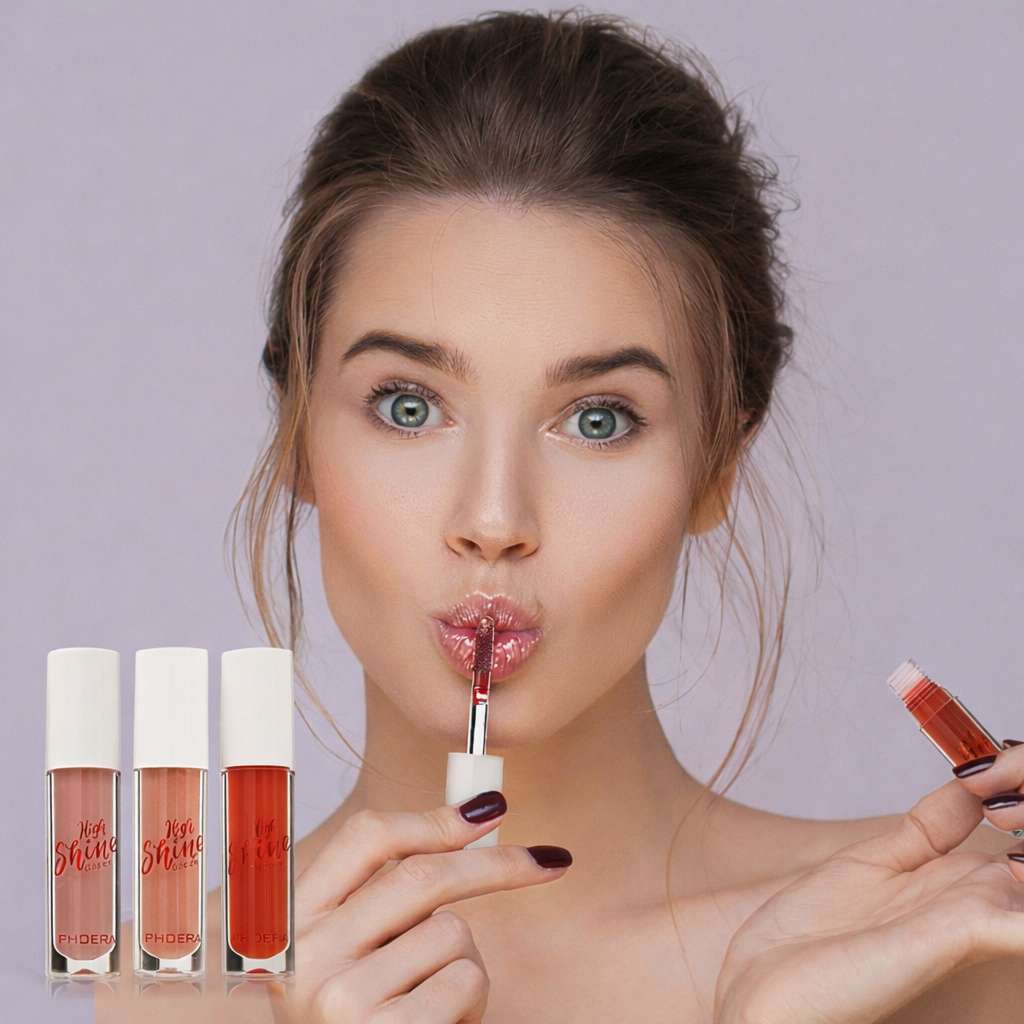 Woman applying lip gloss with lip gloss products displayed below on a light purple background