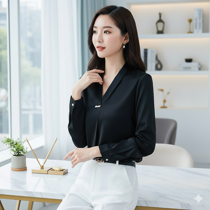 Woman in a black blouse and white pants sitting at a desk in a modern office setting.