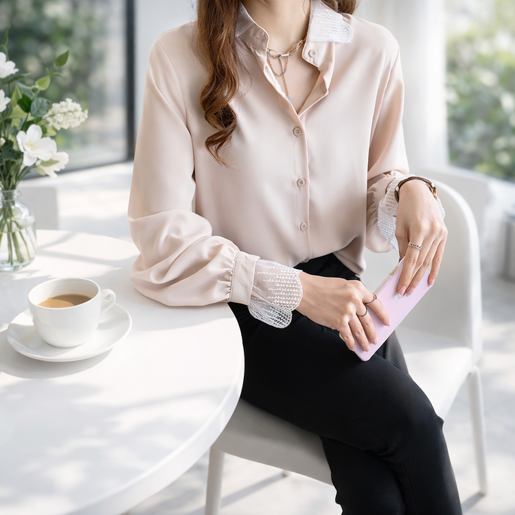 Woman in a light pink blouse sitting at a table with a cup of coffee and a phone.