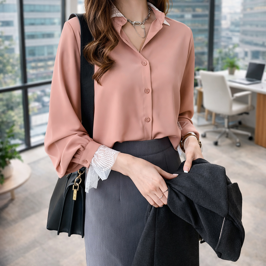 Woman in a pink blouse and dark pants holding a black jacket in an office setting.