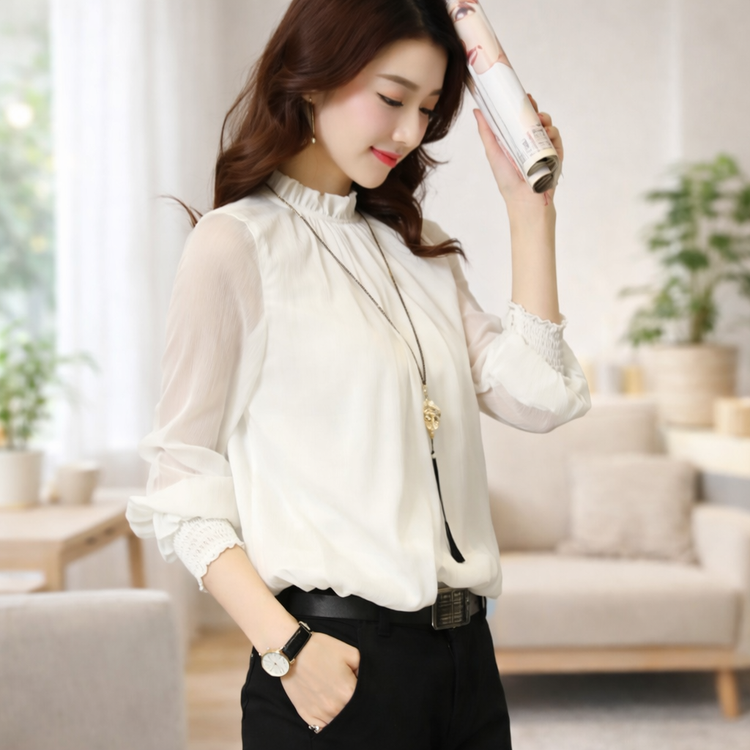 Woman in a white blouse holding a can in a living room setting
