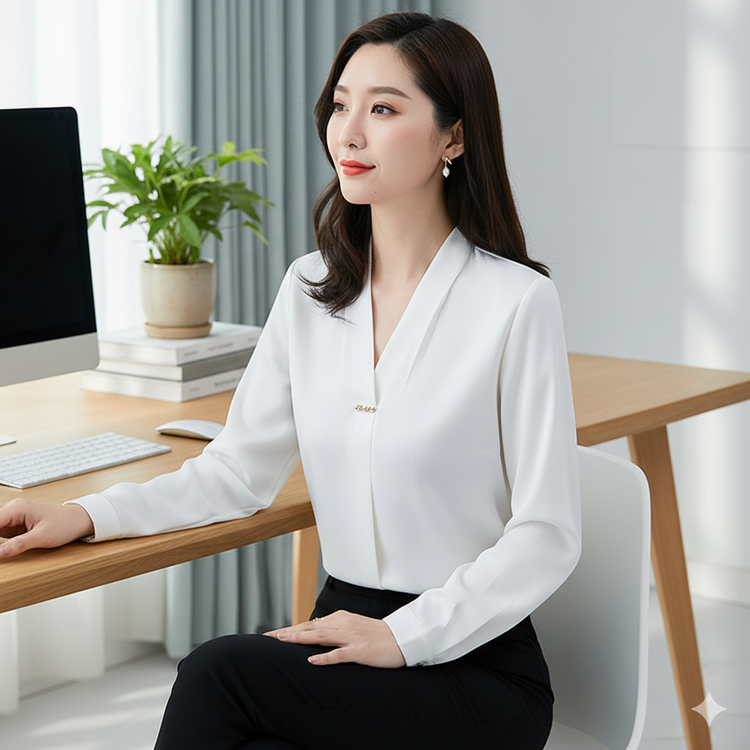 Woman in a white blouse sitting at a desk in a bright office setting