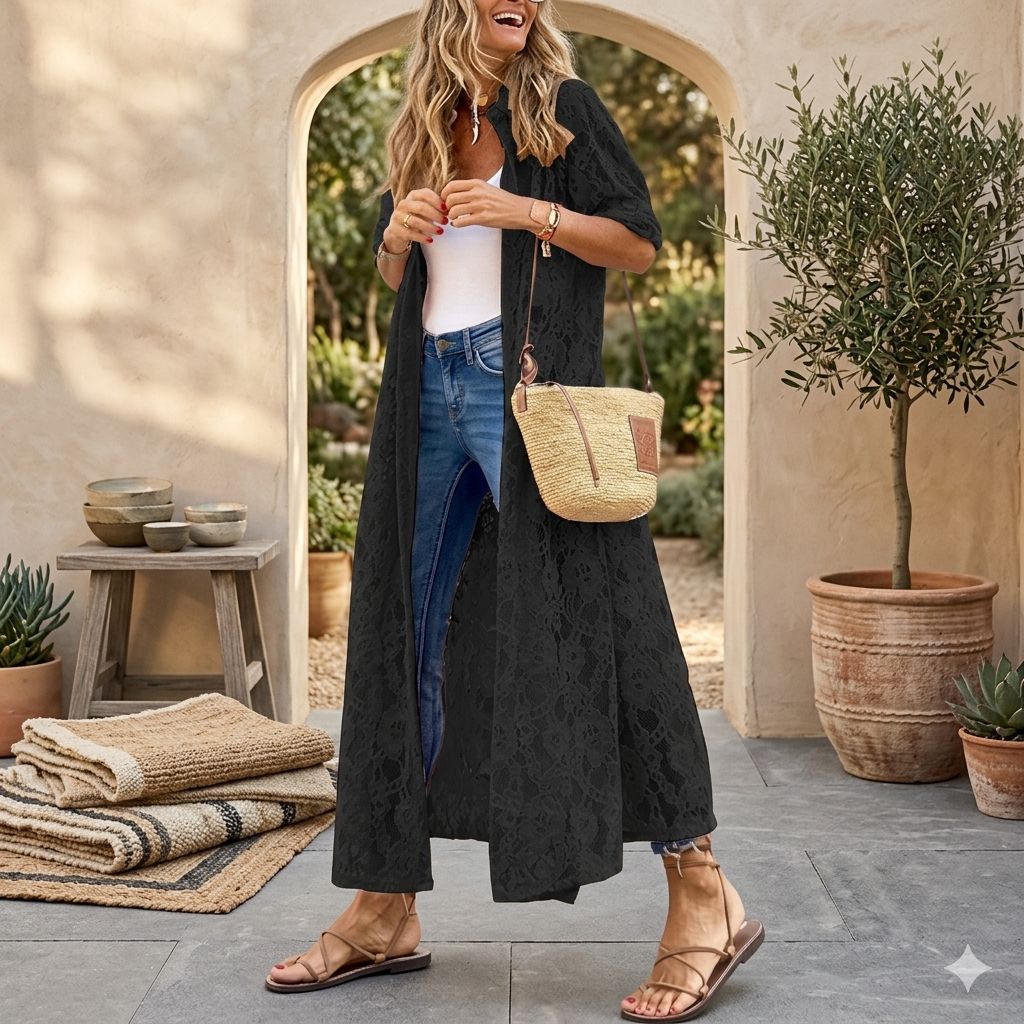 Woman in black long-sleeve top and jeans standing outdoors with plants and a table in the background