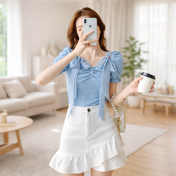 Woman taking a selfie in a living room holding a coffee cup.