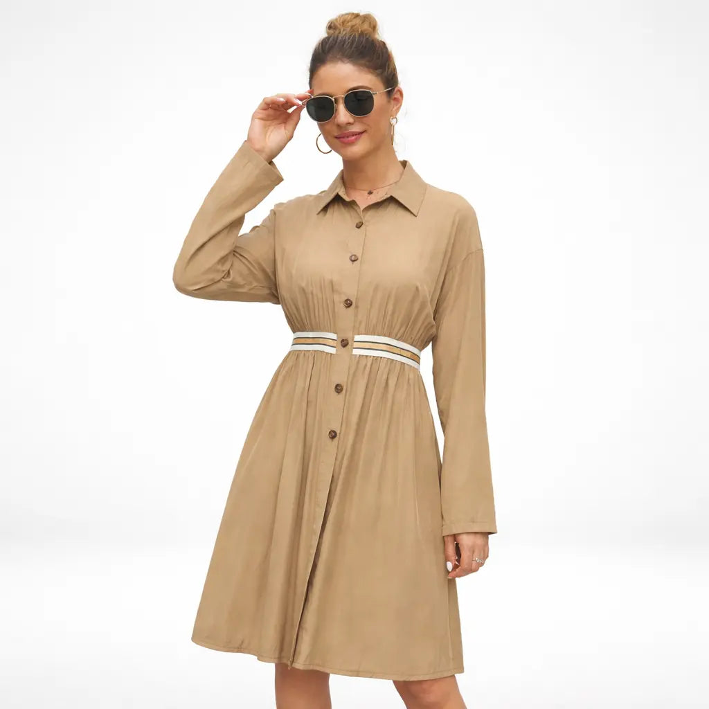 Polo collar a-line midi dress with elastic waist and long sleeves in beige color, front view on model