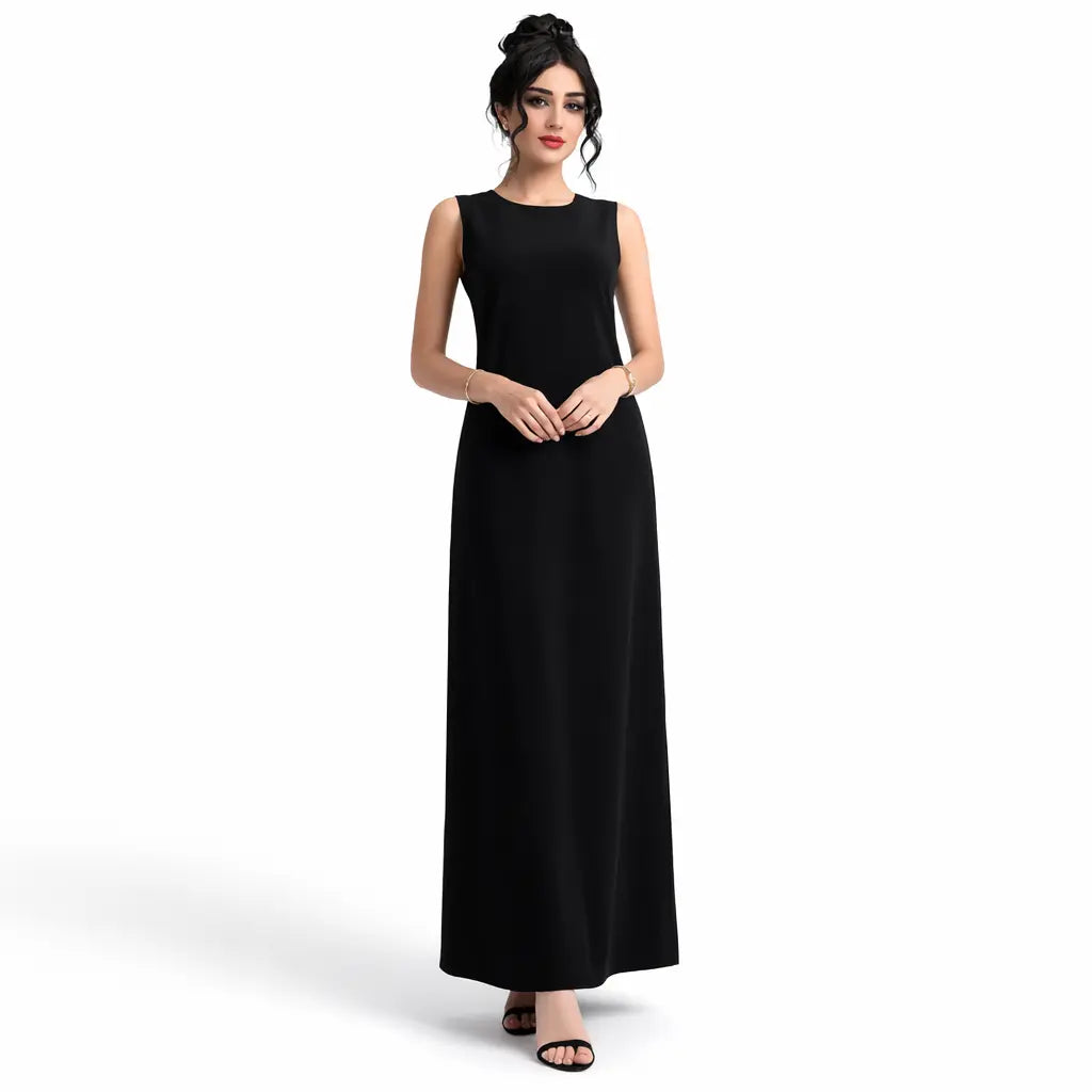 women's ethereal chiffon gown in black, sleeveless full-length dress, front view