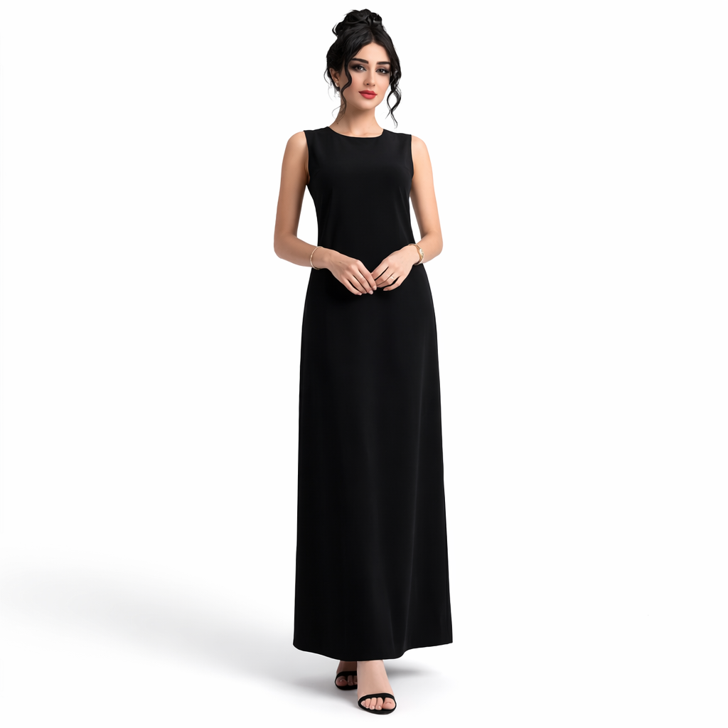 Woman wearing a black sleeveless dress on a white background