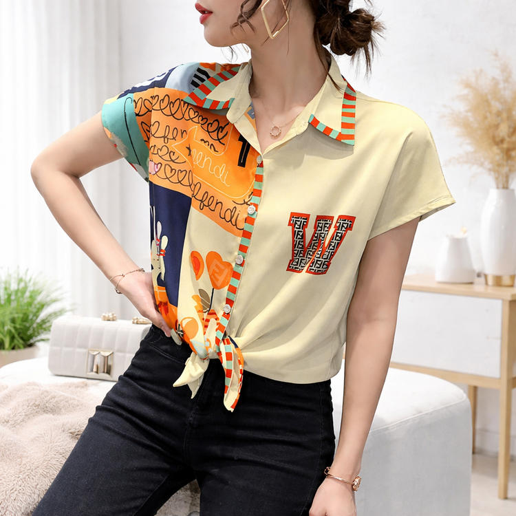 Woman wearing a colorful abstract patterned blouse with a blurred background.