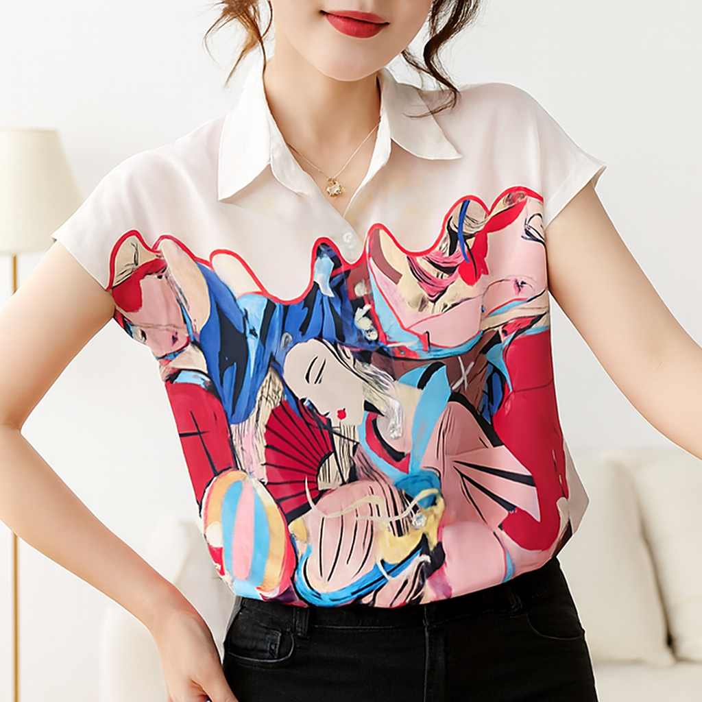 Woman wearing a colorful abstract patterned blouse with a blurred background