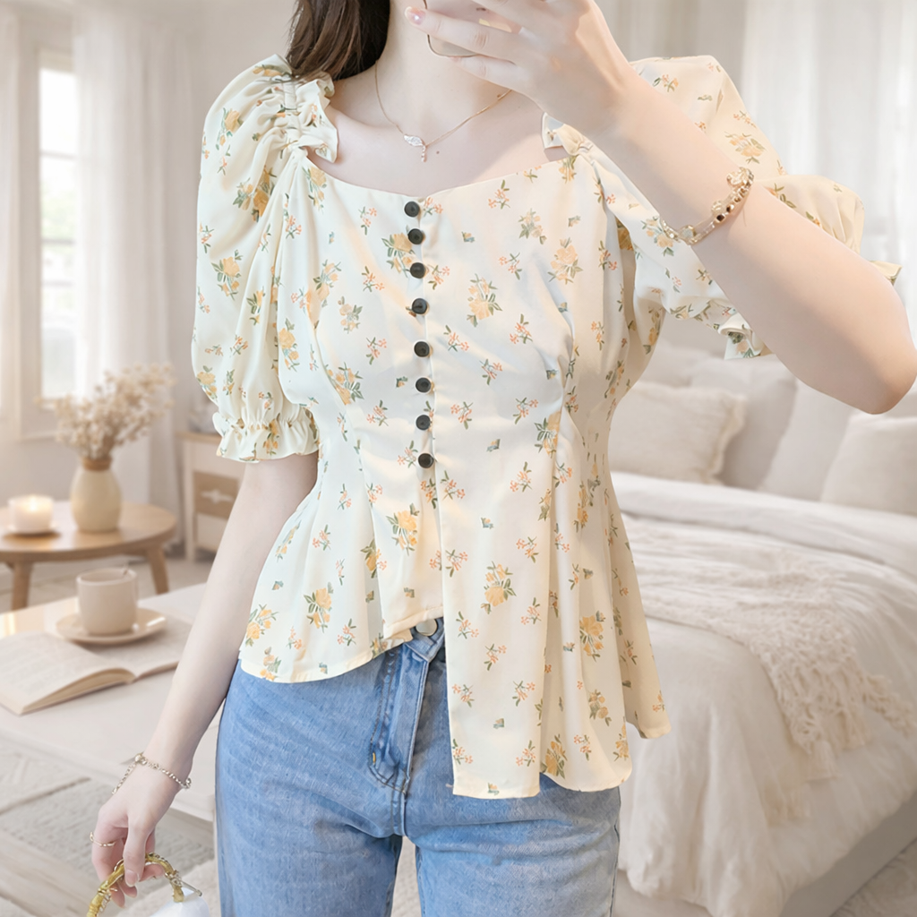 Woman wearing a floral blouse with puff sleeves in a bright room.