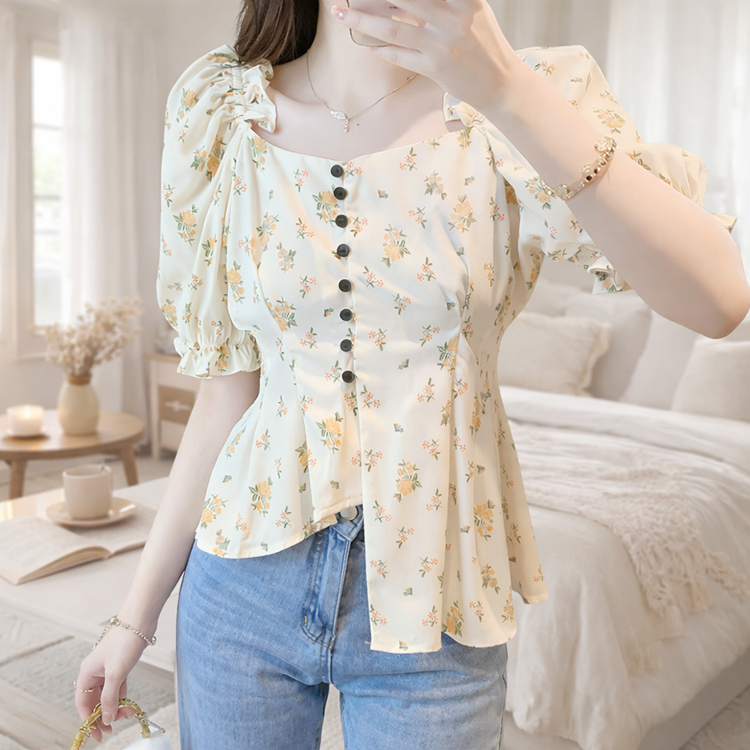 Woman wearing a floral blouse with puff sleeves in a bright room.