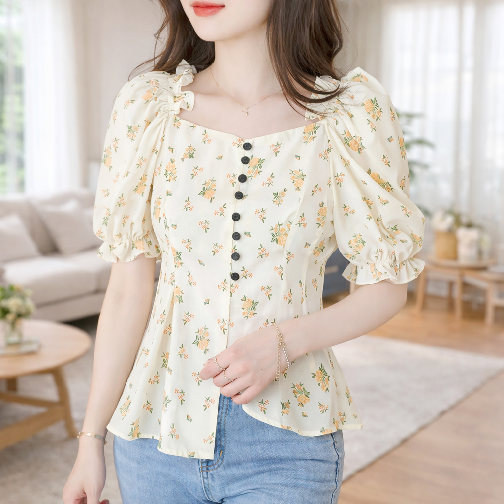 Woman wearing a floral blouse with puff sleeves in a living room setting