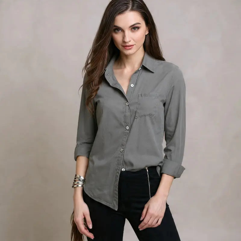 Lapel button chiffon shirt - model wears gray blouse with rolled sleeves and black pants