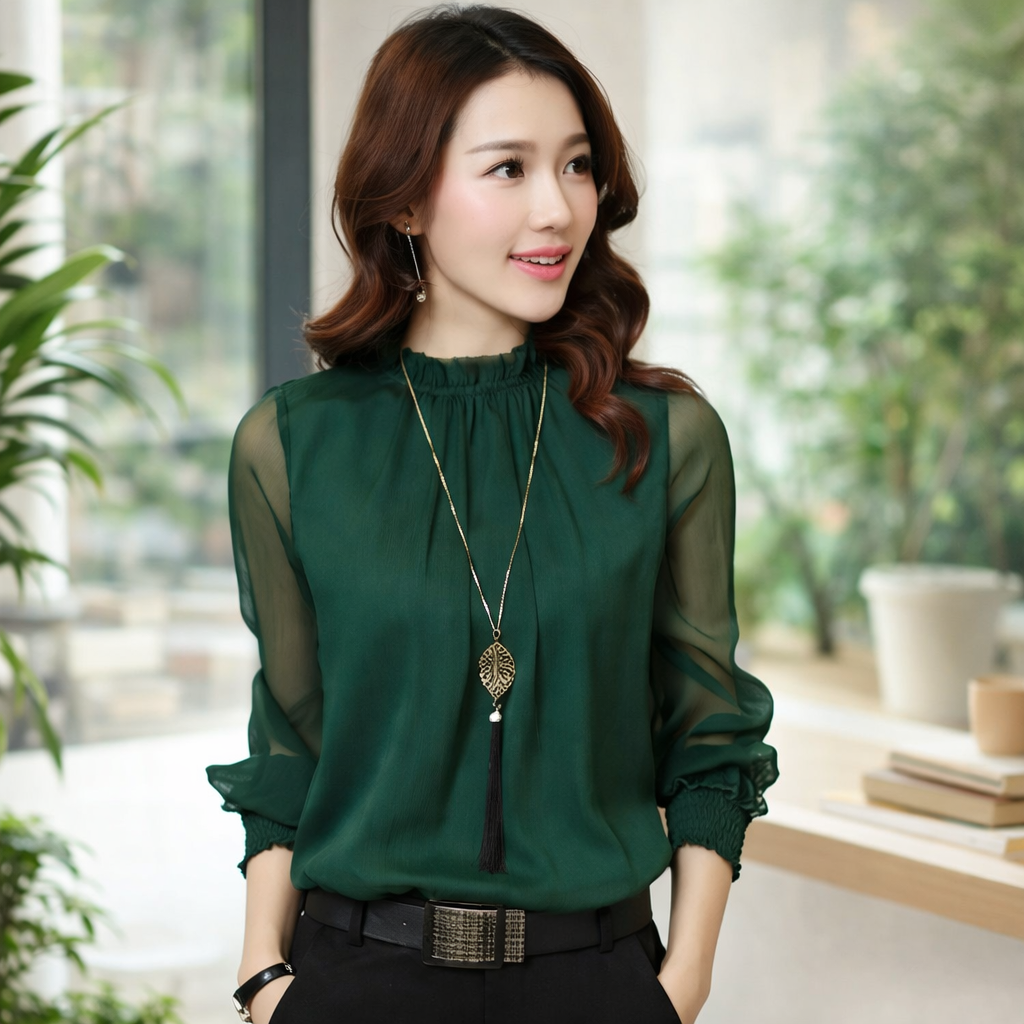 Woman wearing a green blouse with sheer sleeves in an indoor setting
