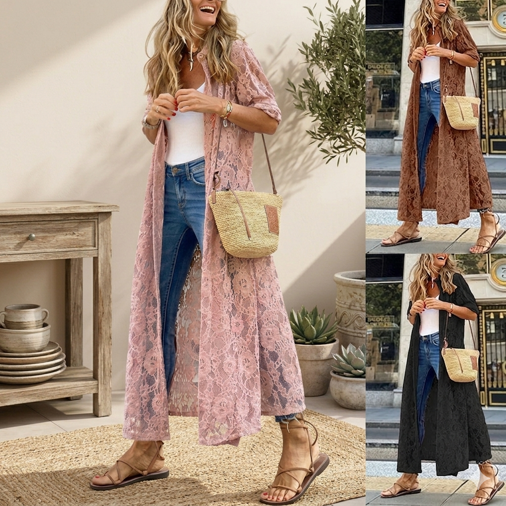 Woman wearing a long pink floral dress with blue jeans and brown sandals, holding a straw bag.