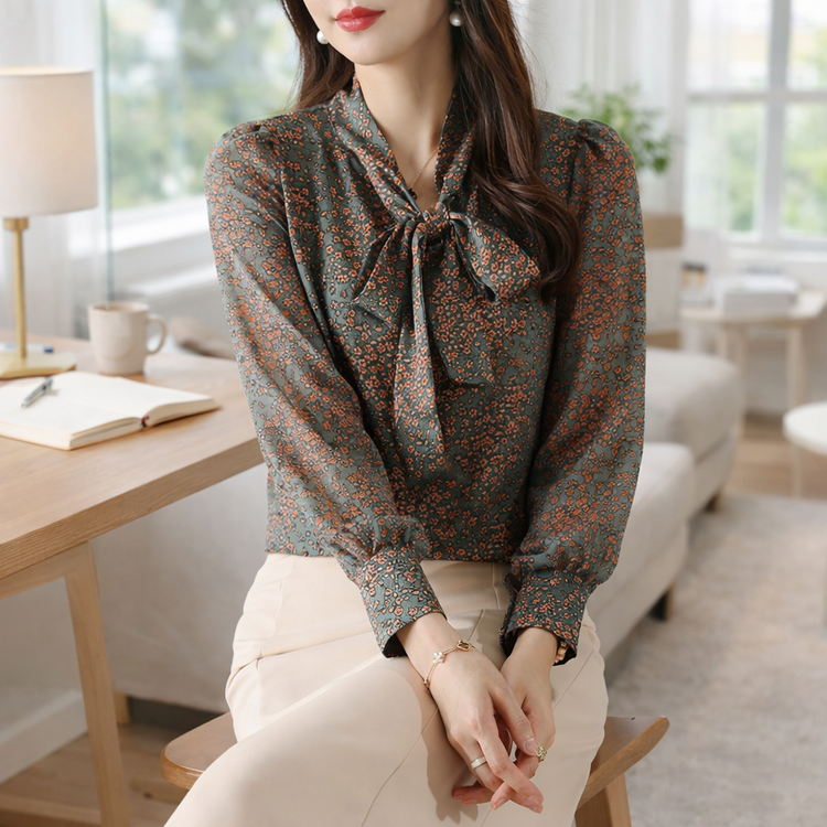Woman wearing a patterned blouse with a bow tie in a home office setting.