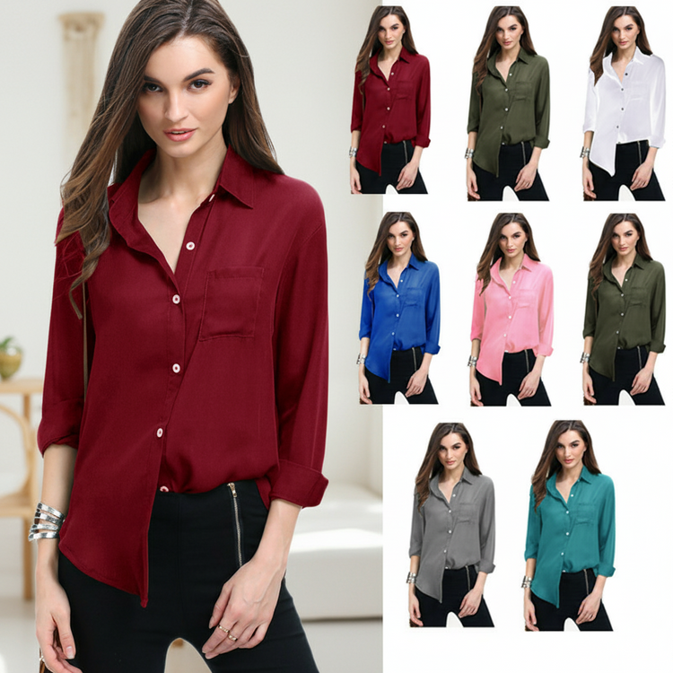 Woman wearing a red blouse with color swatches of other blouses.