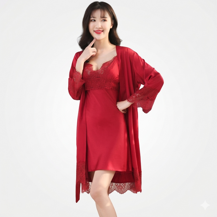 Woman wearing a red lace nightgown with a matching robe on a white background