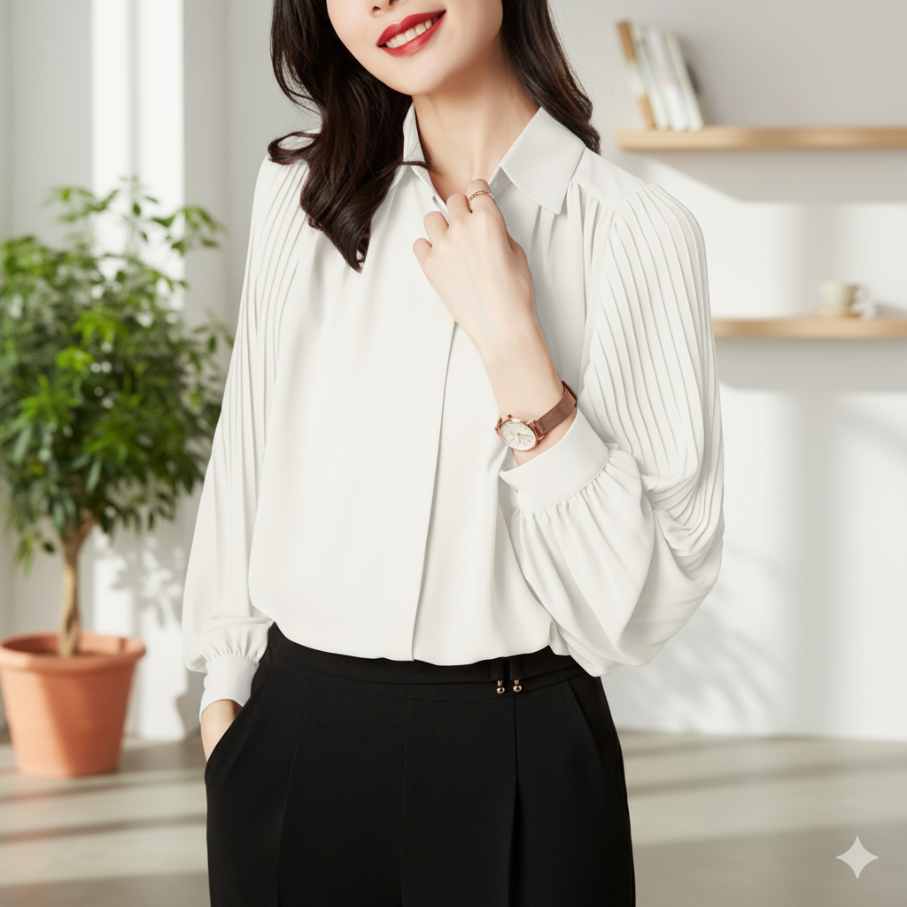 Woman wearing a white blouse and black pants in a bright room with a plant and shelves.