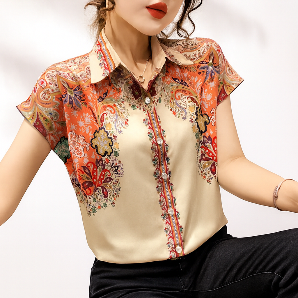 Woman wearing a white blouse with colorful pattern on a white background...