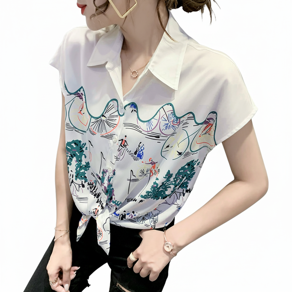 Woman wearing a white blouse with colorful pattern on a white background..