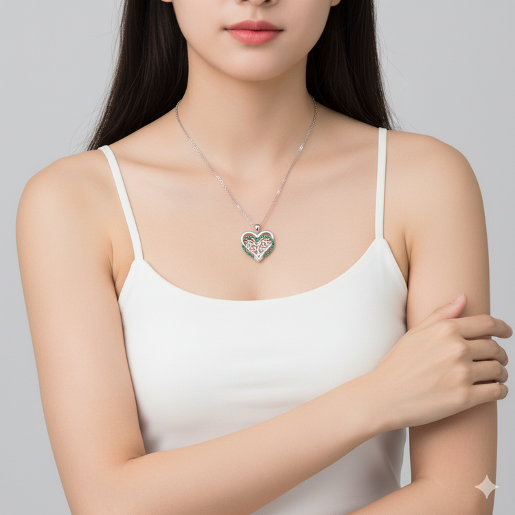 Woman wearing a white top with a necklace featuring a heart-shaped pendant.
