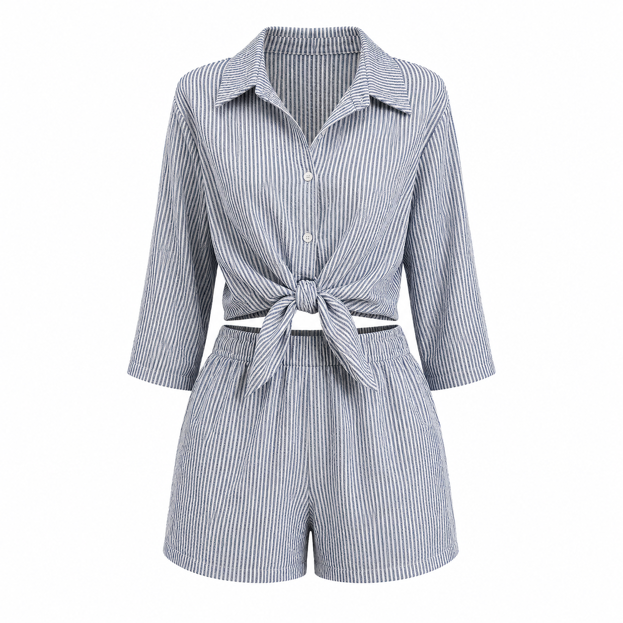 Striped romper with a tie waist on a white background