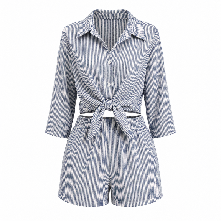 Striped romper with a tie waist on a white background