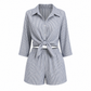 Striped romper with a tie waist on a white background
