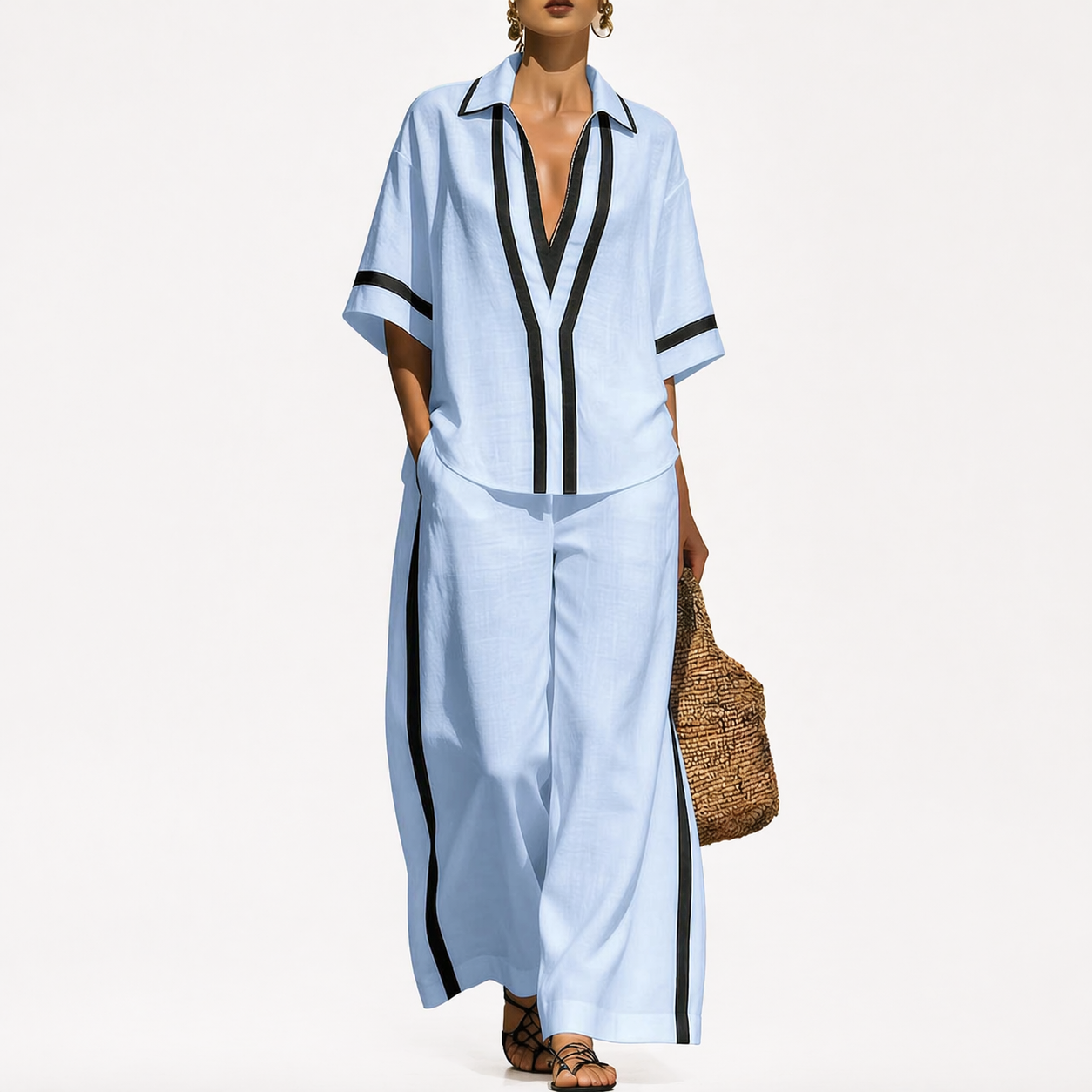 Woman wearing a light blue jumpsuit with black accents on a white background
