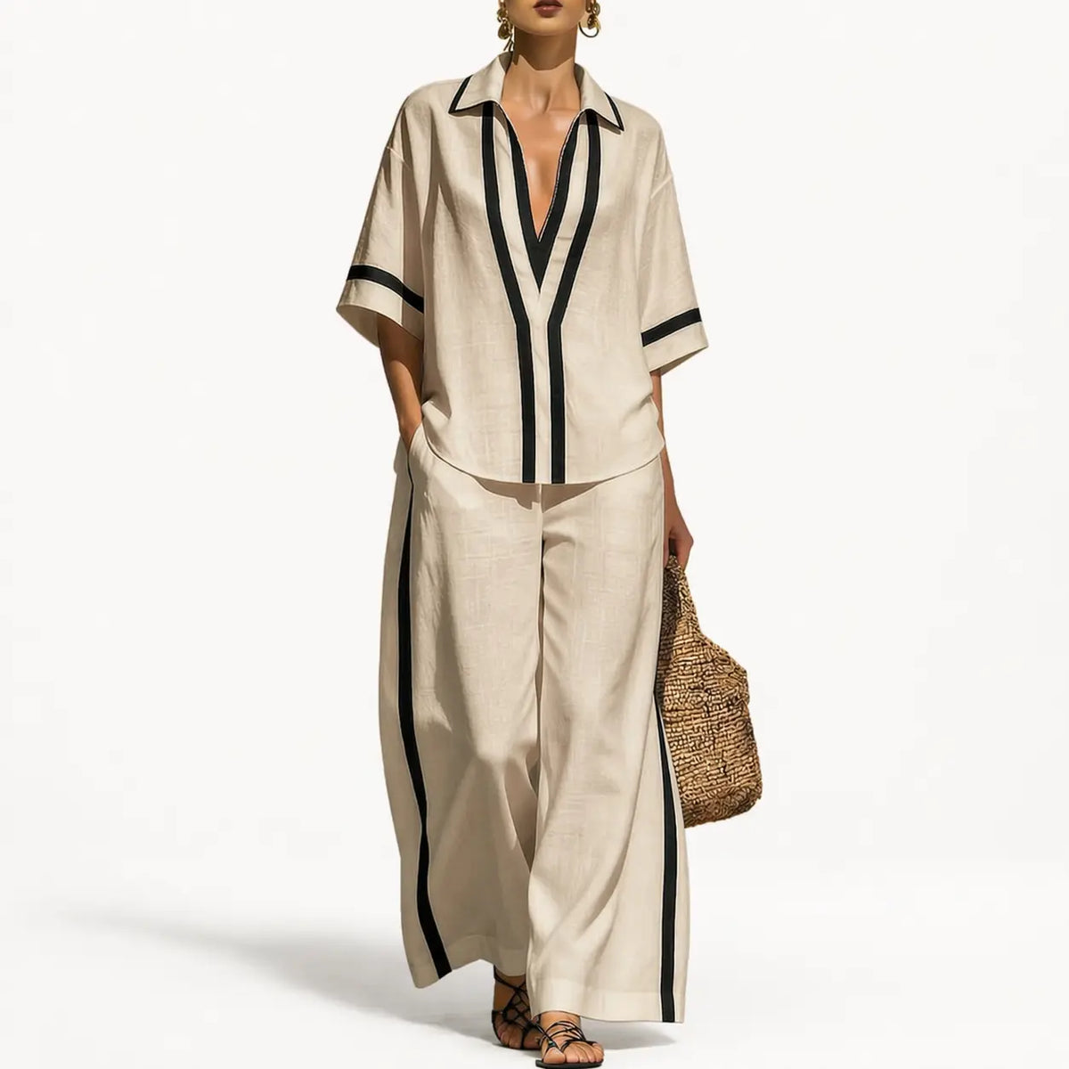 Color block lounge set for women in beige with black stripes, short-sleeve top and wide-leg pants.