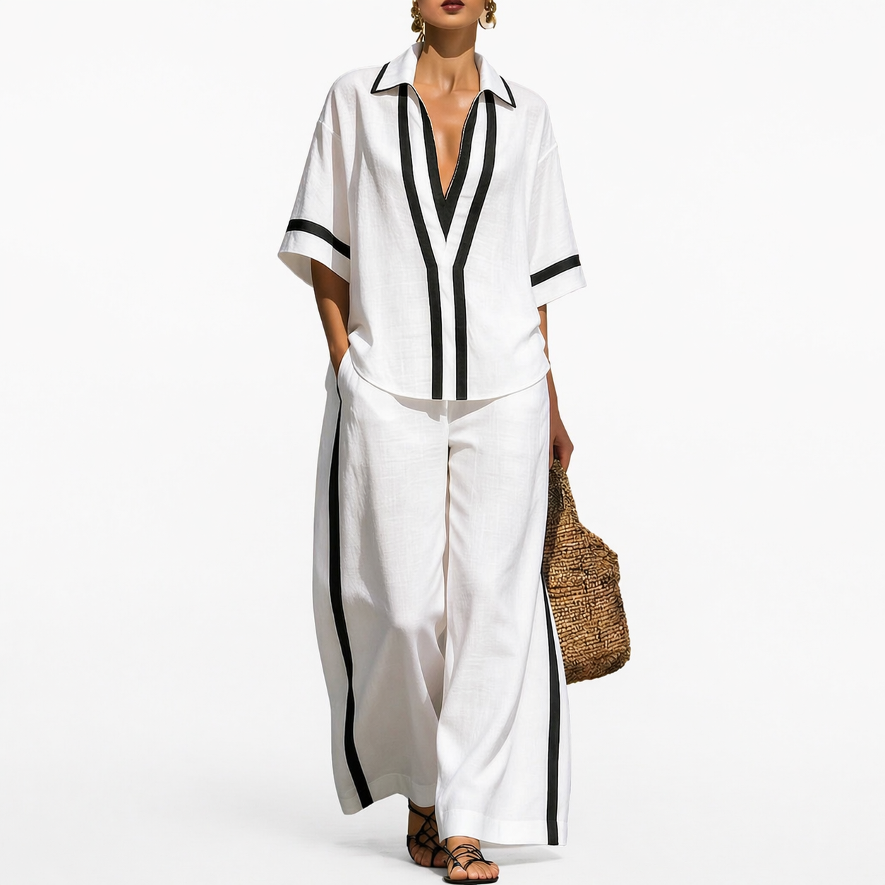 Woman wearing a white outfit with black accents on a white background