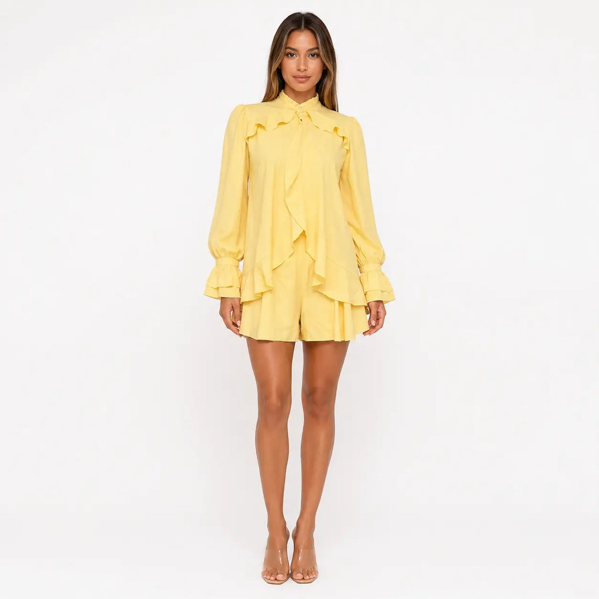 ruffle pantskirt set: elegant 3-piece women's outfit in yellow, model wearing full-length front view