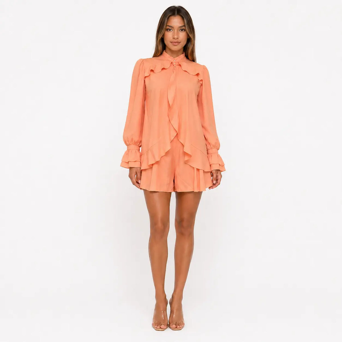 ruffle pantskirt set: elegant 3-piece women's outfit in coral, model wearing full-length front view