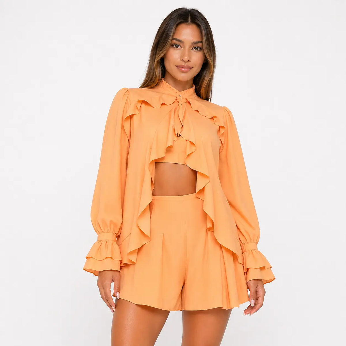 ruffle pantskirt set: elegant 3-piece women's outfit in coral, model wearing cropped top and shorts front view
