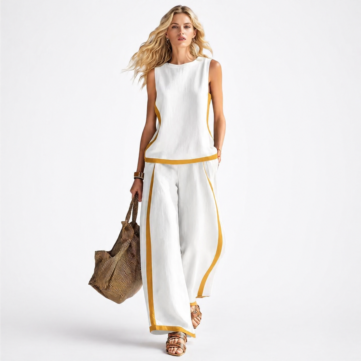 Woman wearing a white outfit with yellow accents, holding a straw bag on a white background