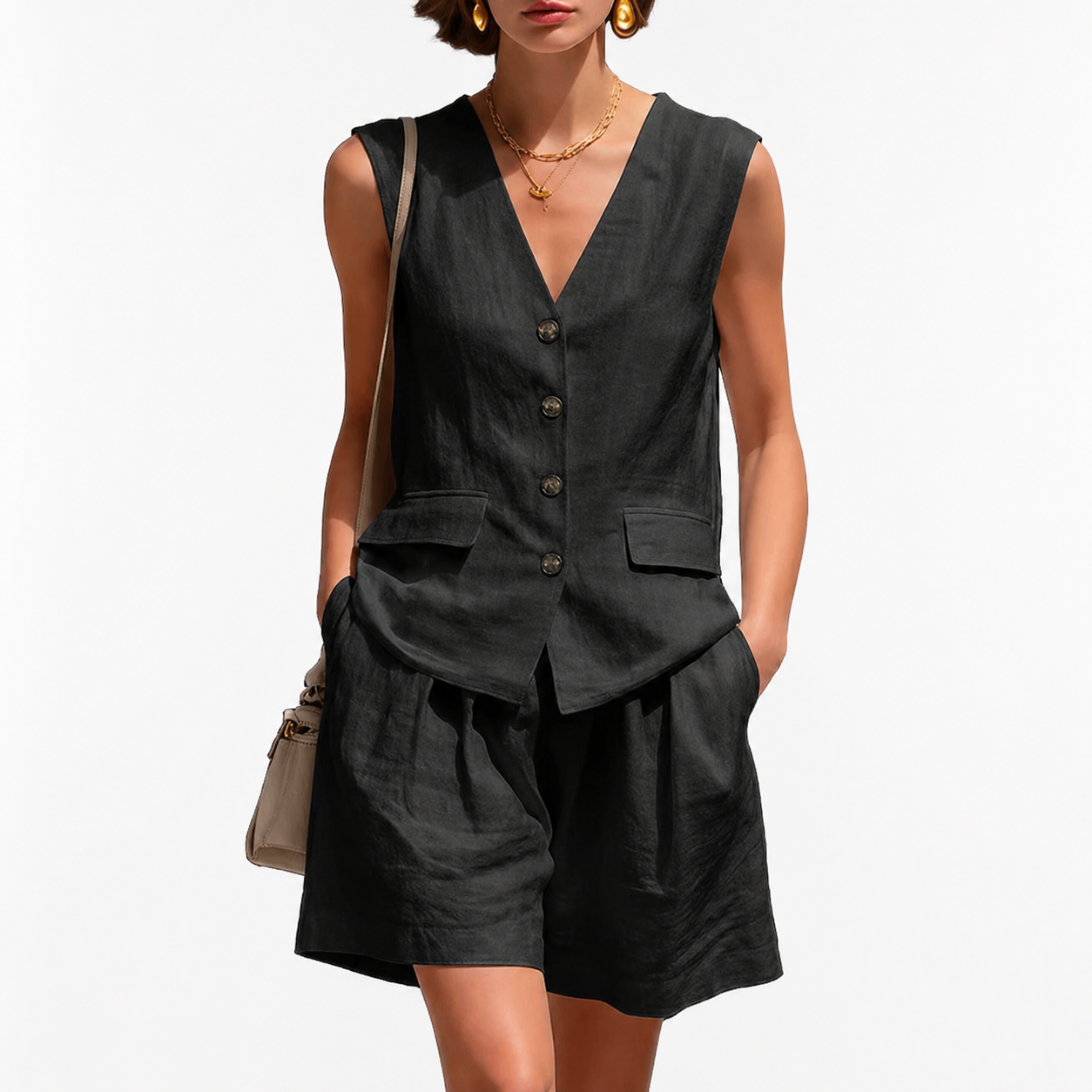 Woman wearing a black sleeveless top and shorts with a beige handbag on a white background