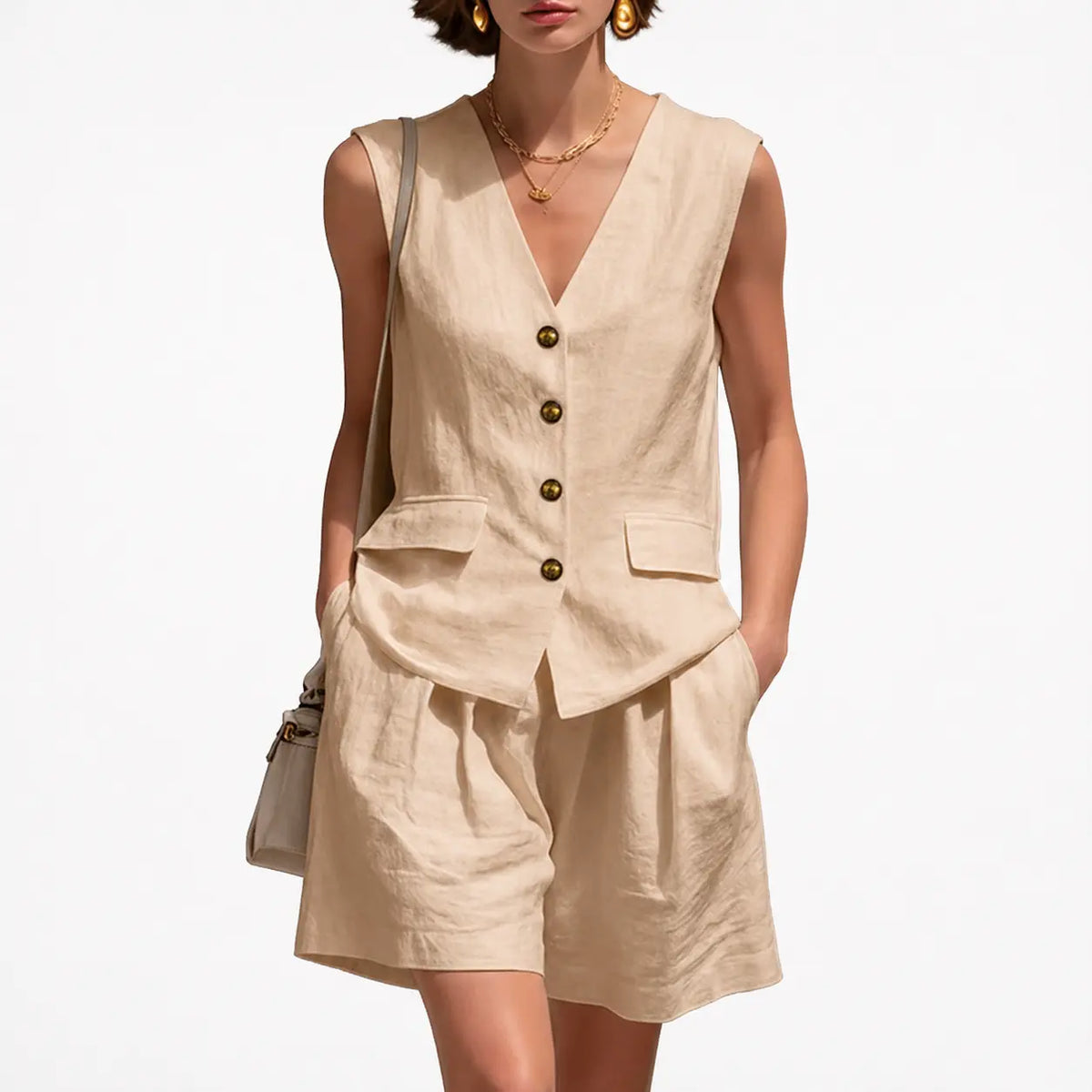 Woman wearing a beige sleeveless blazer and shorts set on a white background