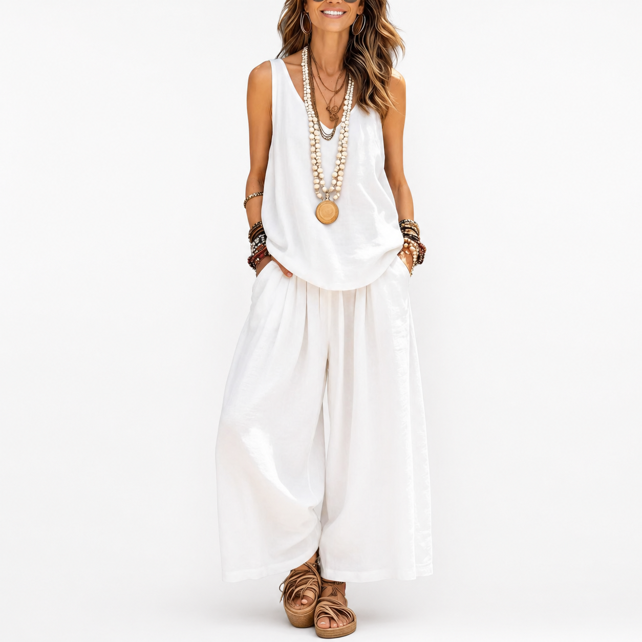 Woman wearing a white sleeveless top and wide-leg pants with a plain background