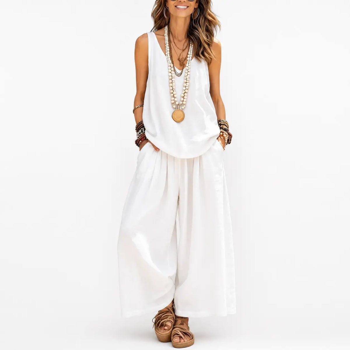 Cotton-linen two-piece set in white, model wears sleeveless top and wide-leg pants, hands in pockets.