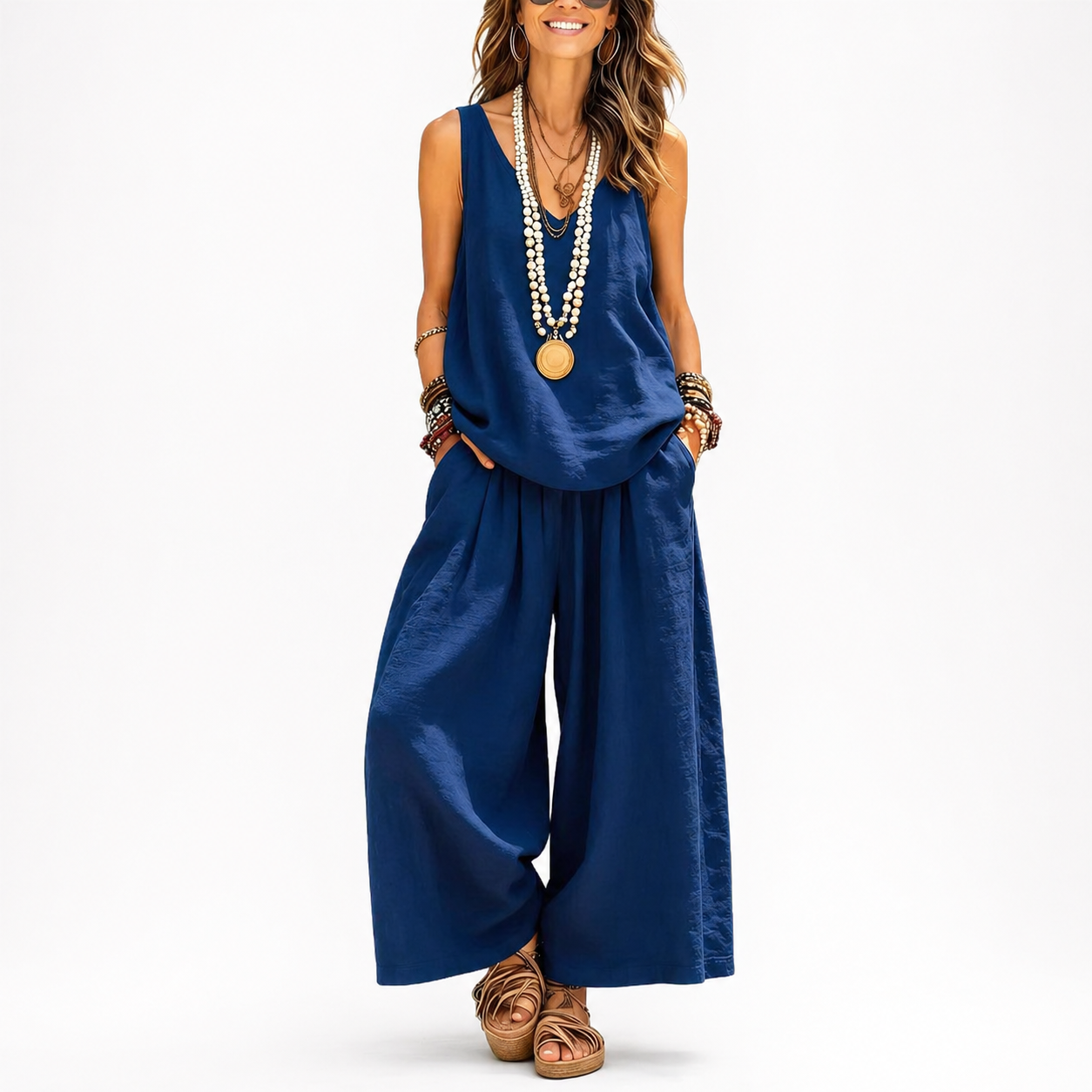 Woman wearing a blue sleeveless top and wide-leg pants on a white background